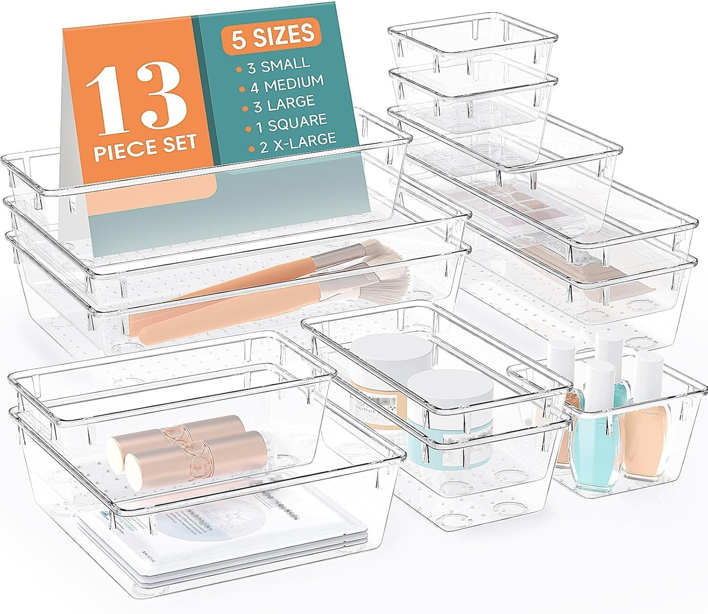 StorMiracle 16 PCS Drawer Organizer Set, 5 Varied Size Bathroom and kitchen Drawer cabinet organizer Trays, Clear Storage Bins for Makeup, Jewelry, Utensils and Gadgets