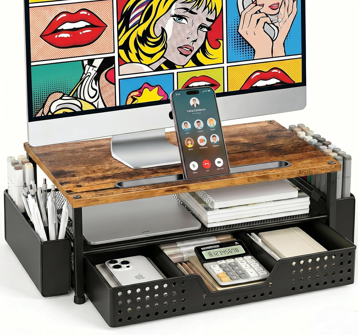 ECOLOVI Desk Organizer and Accessories, 2-Tier Computer Monitor Stand Rise with Storage Drawer & 2 Pen Holders, Laptop & Printer Stand for Desktop, Workspace Organizers for Office Supplies (Blue)