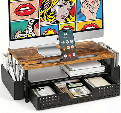 ECOLOVI Desk Organizer and Accessories, 2-Tier Computer Monitor Stand Rise with Storage Drawer & 2 Pen Holders, Laptop & Printer Stand for Desktop, Workspace Organizers for Office Supplies (Blue)