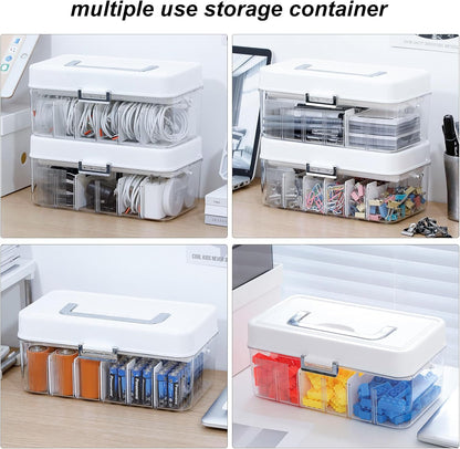 Large Cable Organizer Box with Lid, Plastic Cord Storage Case with Handle and Wire Ties for Home Office, Phone Charger, Art Crafts, Stationery