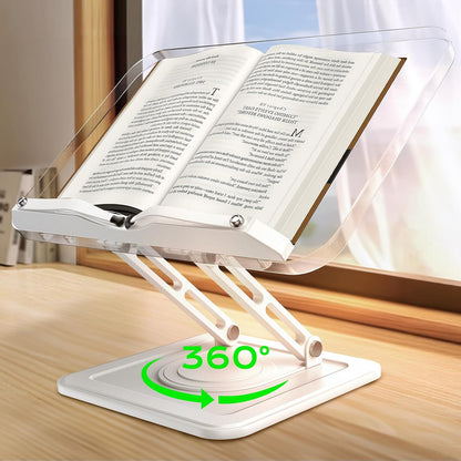 Book Stand for Reading, Adjustable Book Holder with 360°Rotating Bases, Ergonomic Cookbook Stand Recipe Book Holder with Elastic Page Clips for Magazines, Tablets, Laptops,Black