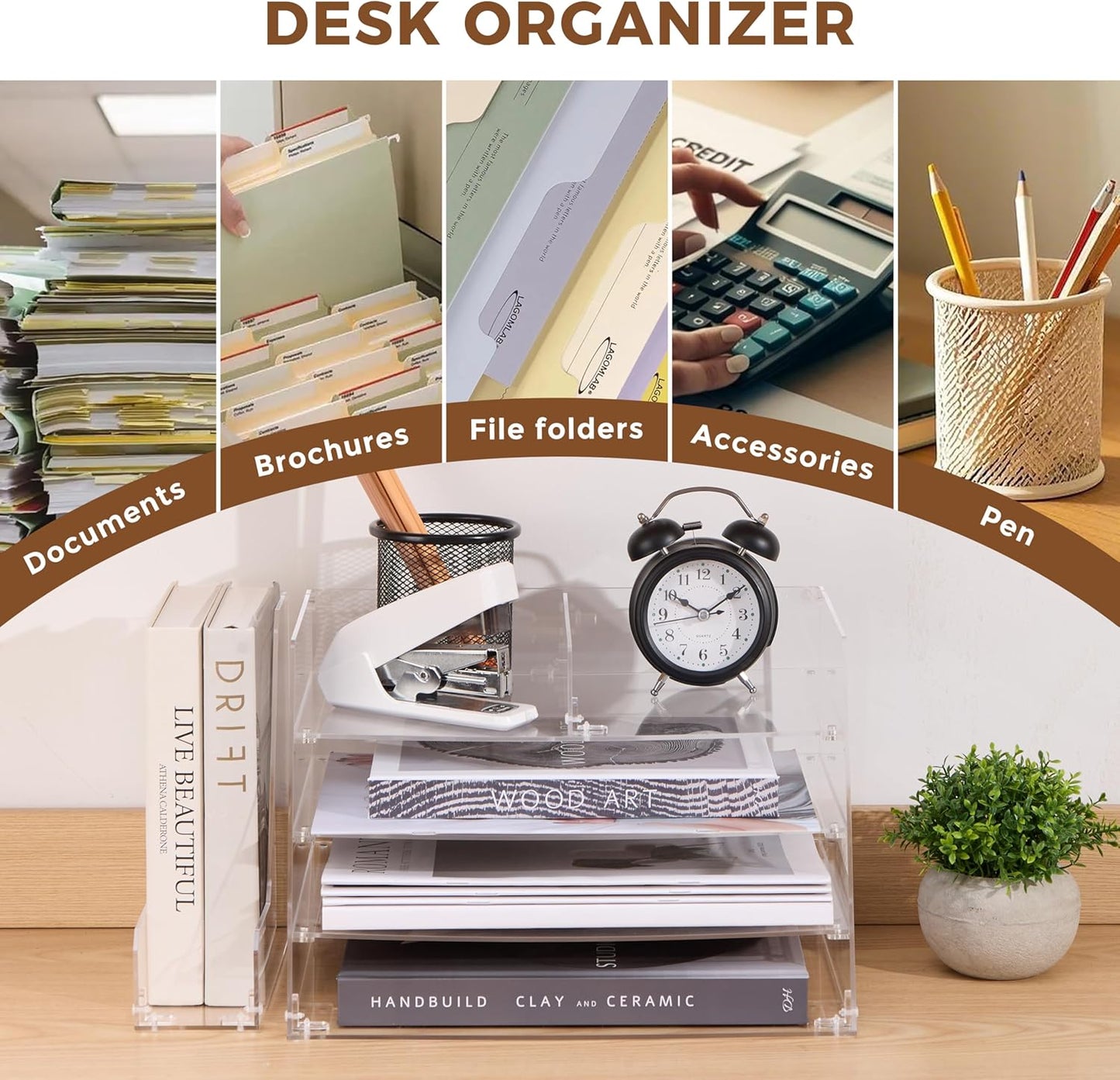 Acrylic Desk Organizer - 4-Tier Tray with Vertical File Holder for Books, Stationary, Letter, Magazines, Documents, and File Organizer - Durable Space Saving Storage, For Home and Office