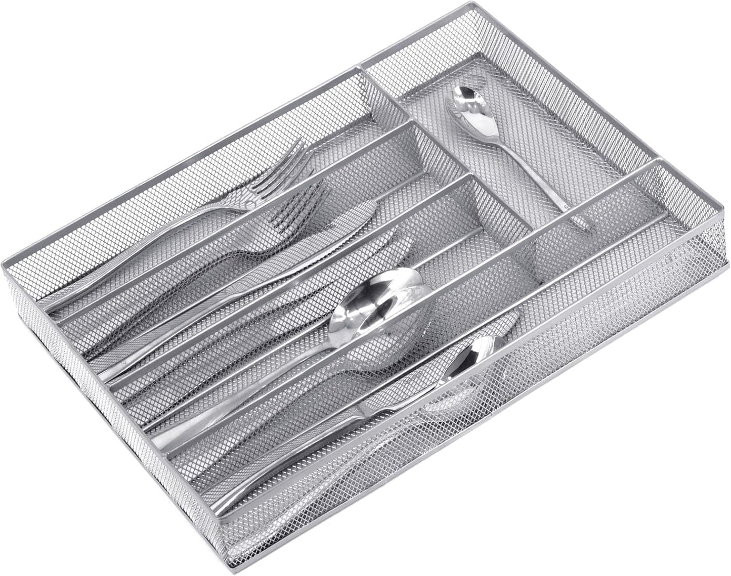 Neudeco Drawer Organizer Set 6 Pack - 5-Compartment Silverware Organizer Tray + 5 Utensil Trays, Kitchen Drawer Organizer for Flatware, Cutlery, Office Supplies, Black Mesh, Non-Slip.