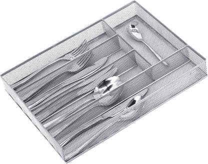 Neudeco Drawer Organizer Set 6 Pack - 5-Compartment Silverware Organizer Tray + 5 Utensil Trays, Kitchen Drawer Organizer for Flatware, Cutlery, Office Supplies, Black Mesh, Non-Slip.