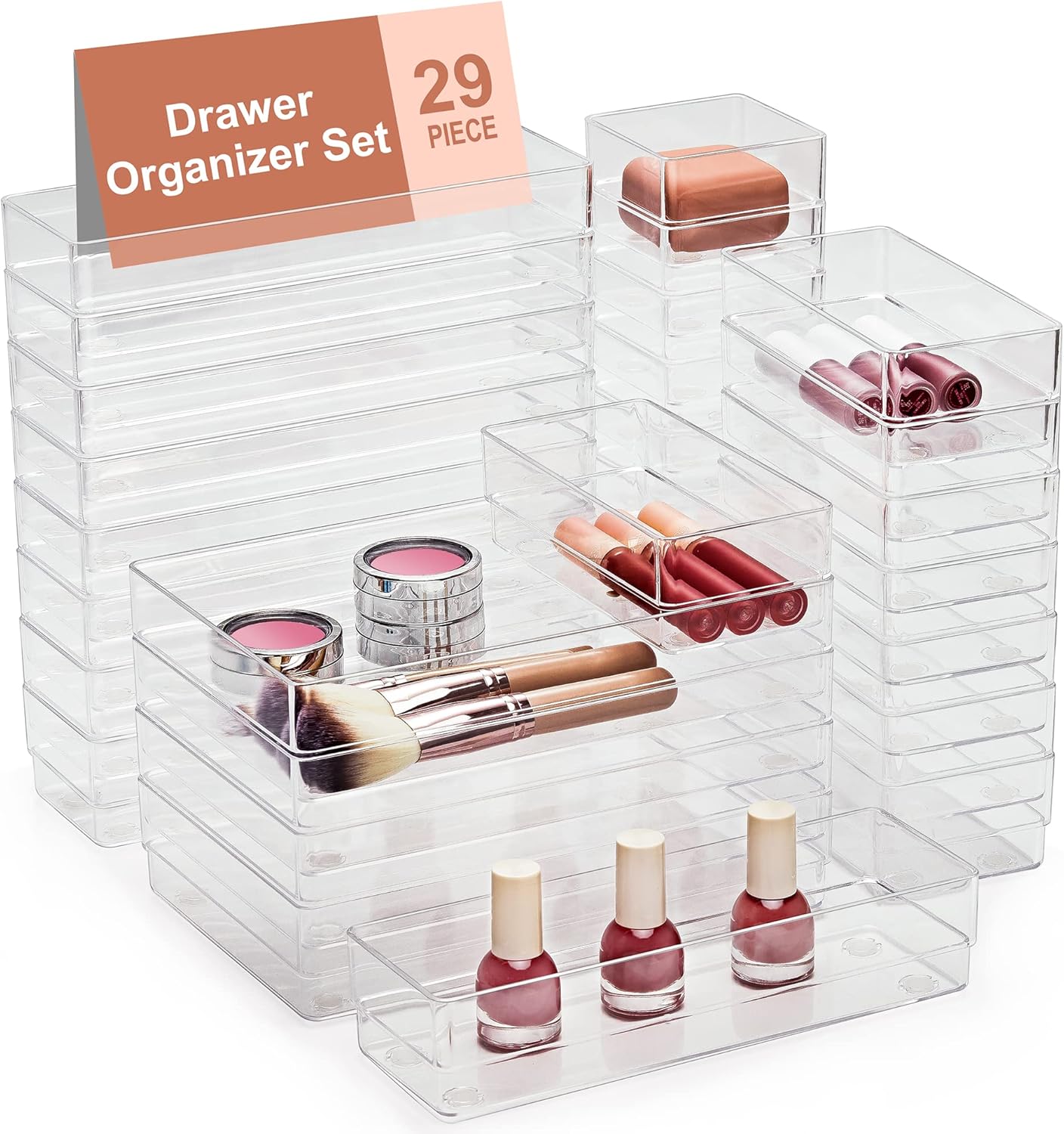SMARTAKE 22-Piece Drawer Organizer with Non-Slip Silicone Pads, 4-Size Clear Desk Drawer Organizer Trays Storage Tray for Makeup, Jewelries, Utensils in Bedroom Dresser, Office and Kitchen, Clear