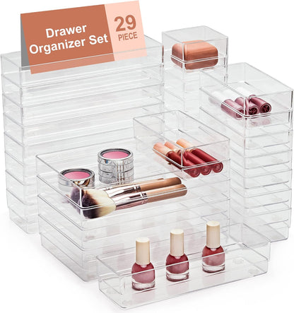 SMARTAKE 22-Piece Drawer Organizer with Non-Slip Silicone Pads, 4-Size Clear Desk Drawer Organizer Trays Storage Tray for Makeup, Jewelries, Utensils in Bedroom Dresser, Office and Kitchen, Clear