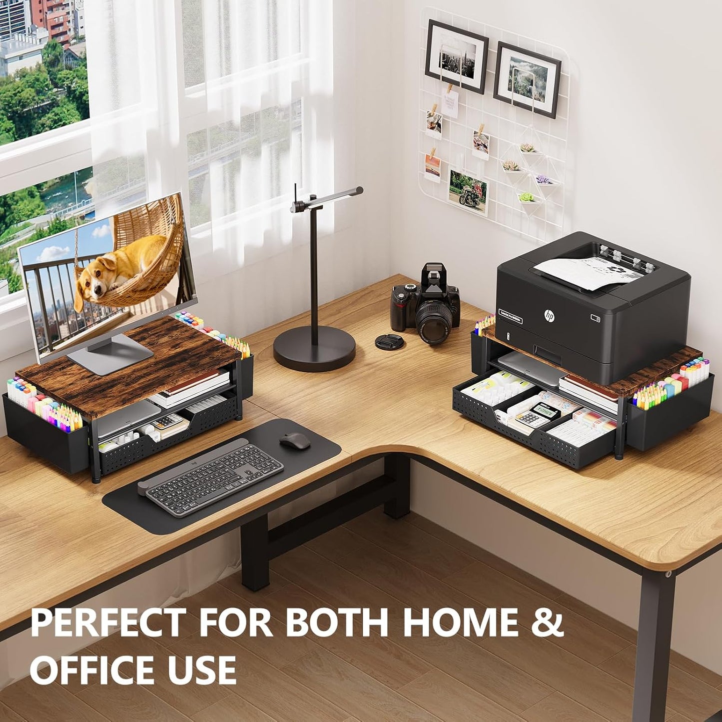 OPNICE Desk Organizers and Accessories, Computer Monitor Stand Riser with Drawer and 2 Pen Holders, Printer & Laptop Stand, Office Desk Accessories & Workspace Organizers for Home Office Supplies, Black