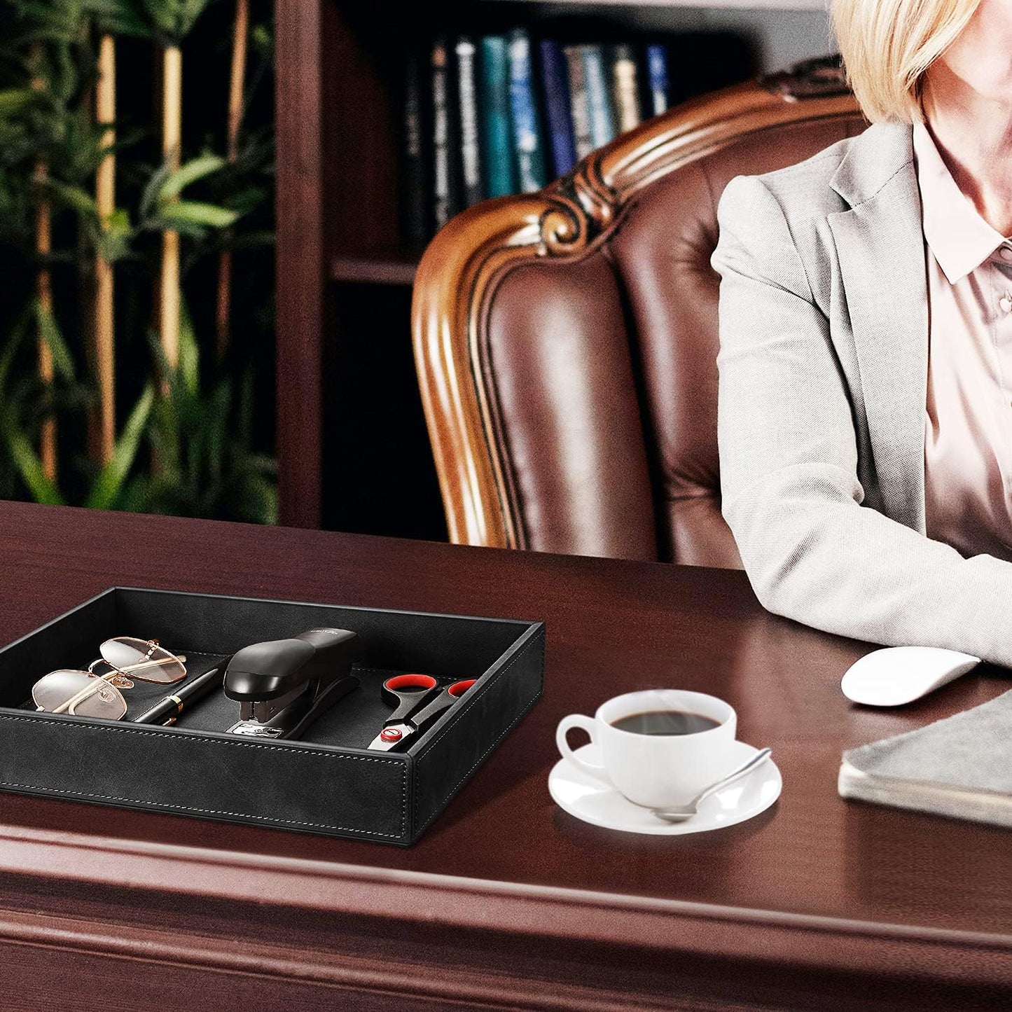 SITHON Valet Tray Desk Organizer, PU Leather Catchall Bedside Vanity Tray Nightstand Caddy Coin Box Key Jewelry Storage Organizer, Valentine's Day Gift, Brown