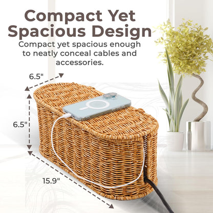 Cable Management Box, Handmade Rattan Cable Organizer with 2 Open Slots, Cord Hider for Power Strip, Router & USB Hub, Registered U.S. Design Patent (D1,112,102), 13" x 5.1" x 5.1", Natural
