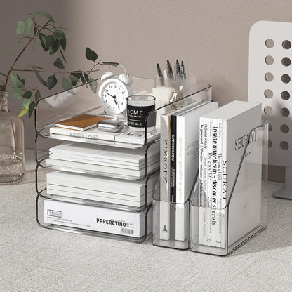 FANXIYQ 4-Tier Horizontal Acrylic Paper Tray Organizer with Bookends | Clear Stackable Desk Organizer for Documents, Letters, A4 Paper | Modern Office/Classroom/Home Organization