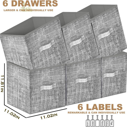 LUKYTOWER Cube Storage Organizer Shelf with Printed Bins + Labels, Cubby Storage Organizer with Bins, Large Capacity Shelves for Storage,Closet, Living Room, Dorm, Yarn (Grey, 6 Cube)
