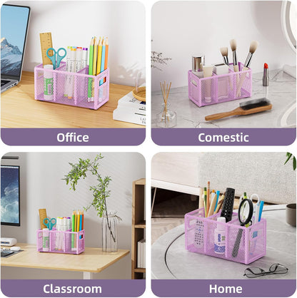 Marbrasse Mesh Pen Holder for Desk,Pencil Holder Desk Organizer 3 Adjustable Compartments,Pencil Cup with Handle Perfect for Classroom, Office, Home,Makeup,Art (Black)