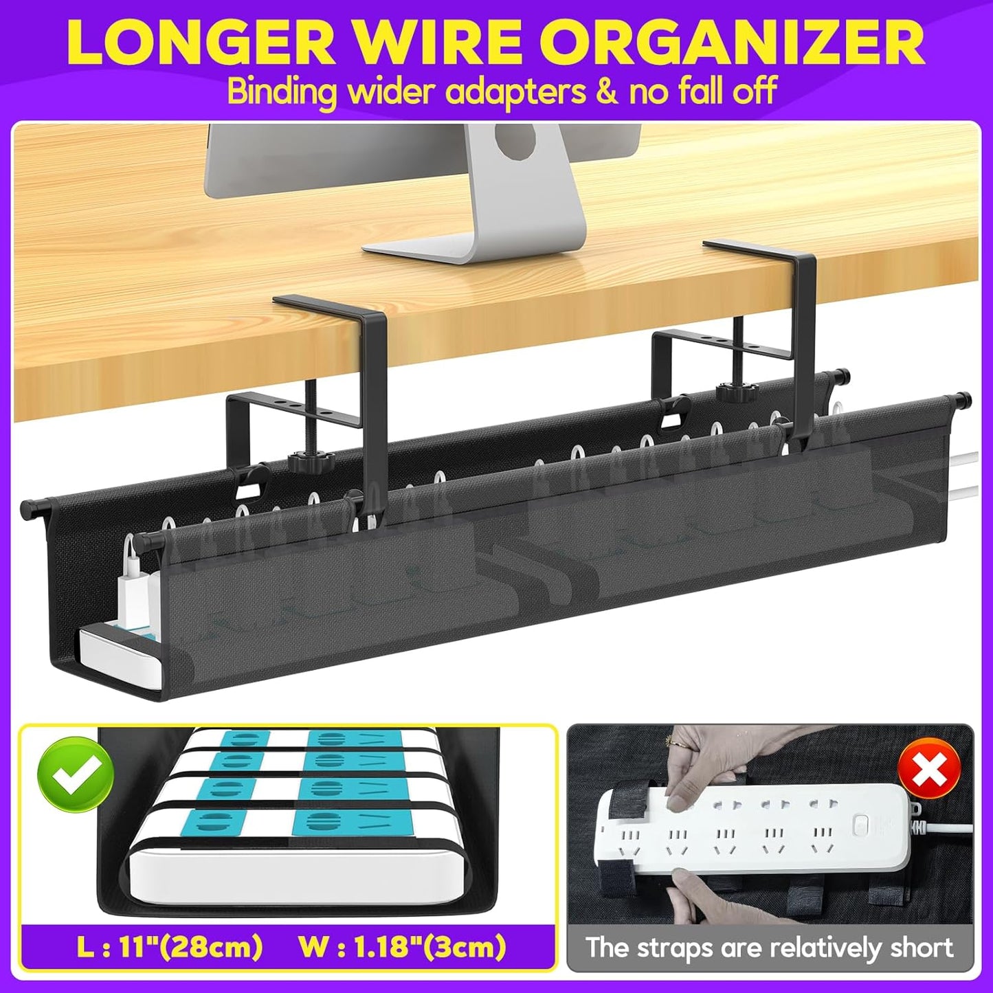 Large Under Desk Cable Management Tray, REFLYING 43.7" Cable Management Under Desk No Drill,Adjustable Clamp Cord Wire Organizer, Cord Hider for Standing Table, Wire Hider for Office,Home (Large)