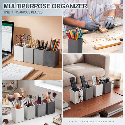 Henoyso 4 Pcs Concrete Pen Holder for Desk Modern Aesthetic Desktop Pencil Cup with Non-slip Dots Gray-tone Pencil Holder for Desk Organizer Office Supplies Stylish Office Decoration