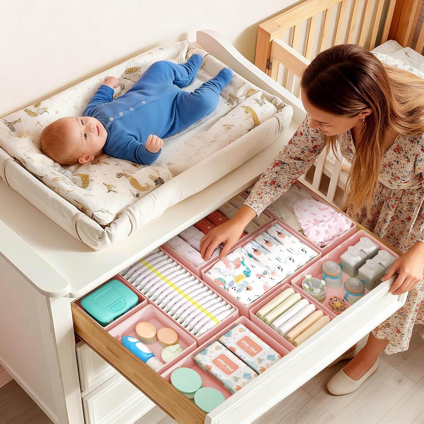 DIMJ Drawer Organizers Clothes, Dresser Organizer Bins for Baby Clothes,Underwear and Sock, Fabric Closet Organization and Storage Boxs, Drawer Dividers for Nursery, Clothing, Tie - 4 Pack, Beige
