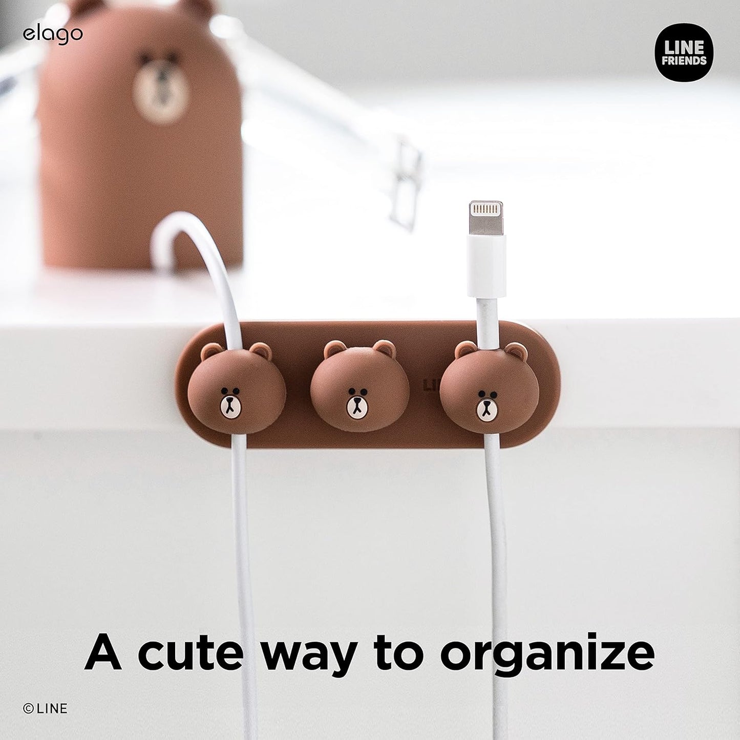 elago | LINE Friends Magnetic Cable Management Buttons, Organize 3 Cables, Powerful Magnets, Reusable Sticker Attaches to Surface, Desk Organization (Brown)