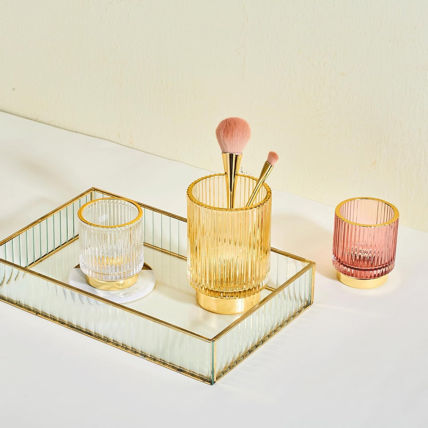 Makeup Brush Holder Organizer,Toothbrush Holders,Desk Pen Pencil Holder,Multifunctional Vintage Glass Brush Cup（L/Green/A3-6-US）