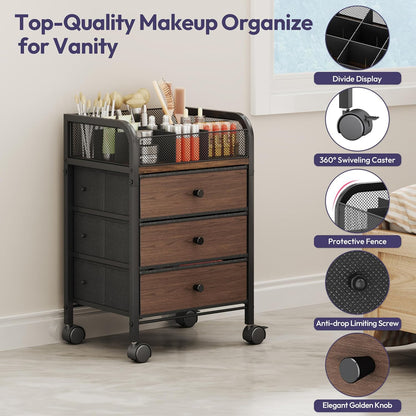 SWTYMIKI Rolling Makeup Organizer Cart - Under Desk Vanity Makeup Storage with 3 Non-woven Drawers, Nail Cart Organizer Cosmetic Display Cases Cabinet for Skin Care Perfume Nail Polish Brush Hair Tool