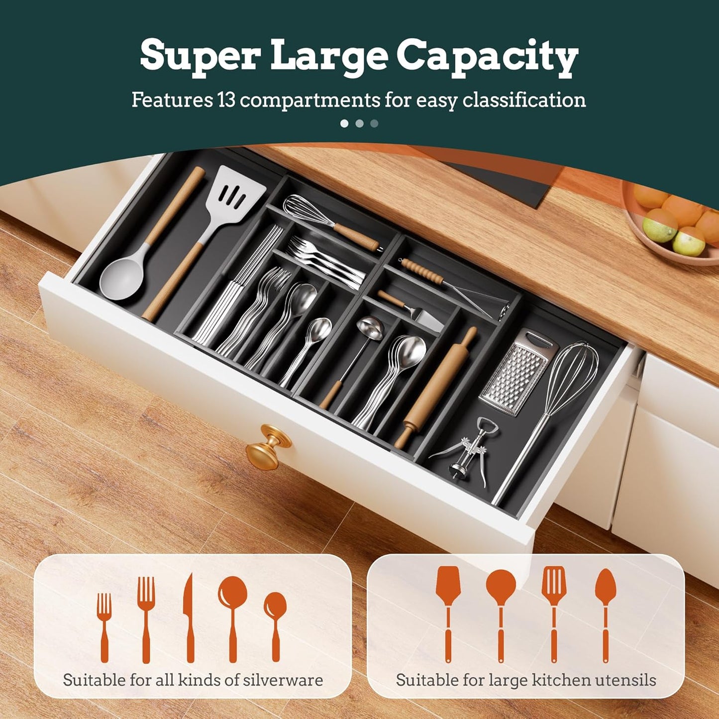 Silverware Organizer Large, Magnetic Connected Expandable 13 Slots Silverware Drawer Organizer From 21 to 37.4 Inches, Adjustable Flatware and Cutlery Holder, Bamboo Utensil Tray for Kitchen Natural