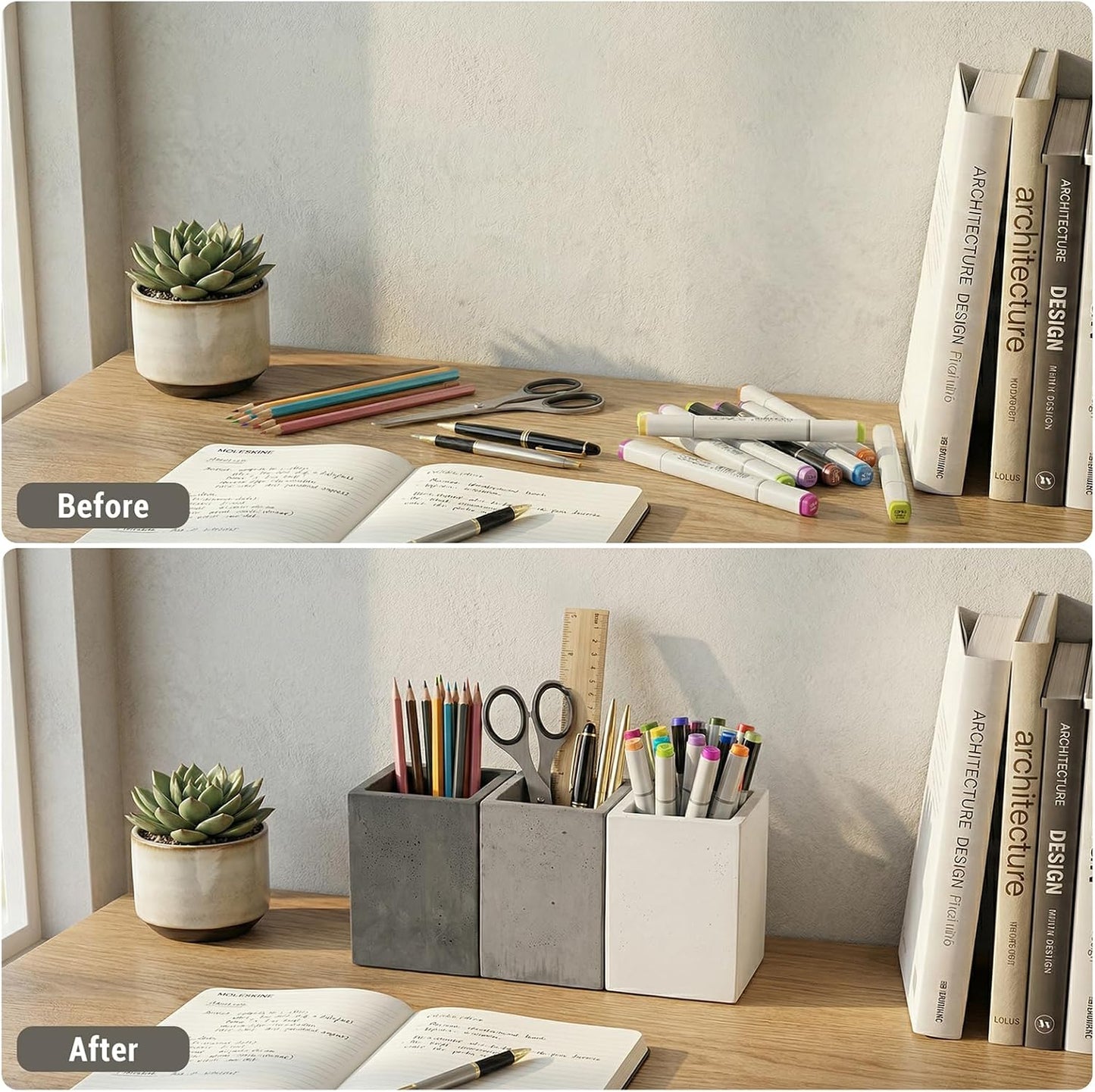 MyGift Pen Holder Pencil Holder For Desk,Pen Cup Holder For Desk,Concrete Desktop Pencil Cup,Modern Gray-Tone,Set of 3
