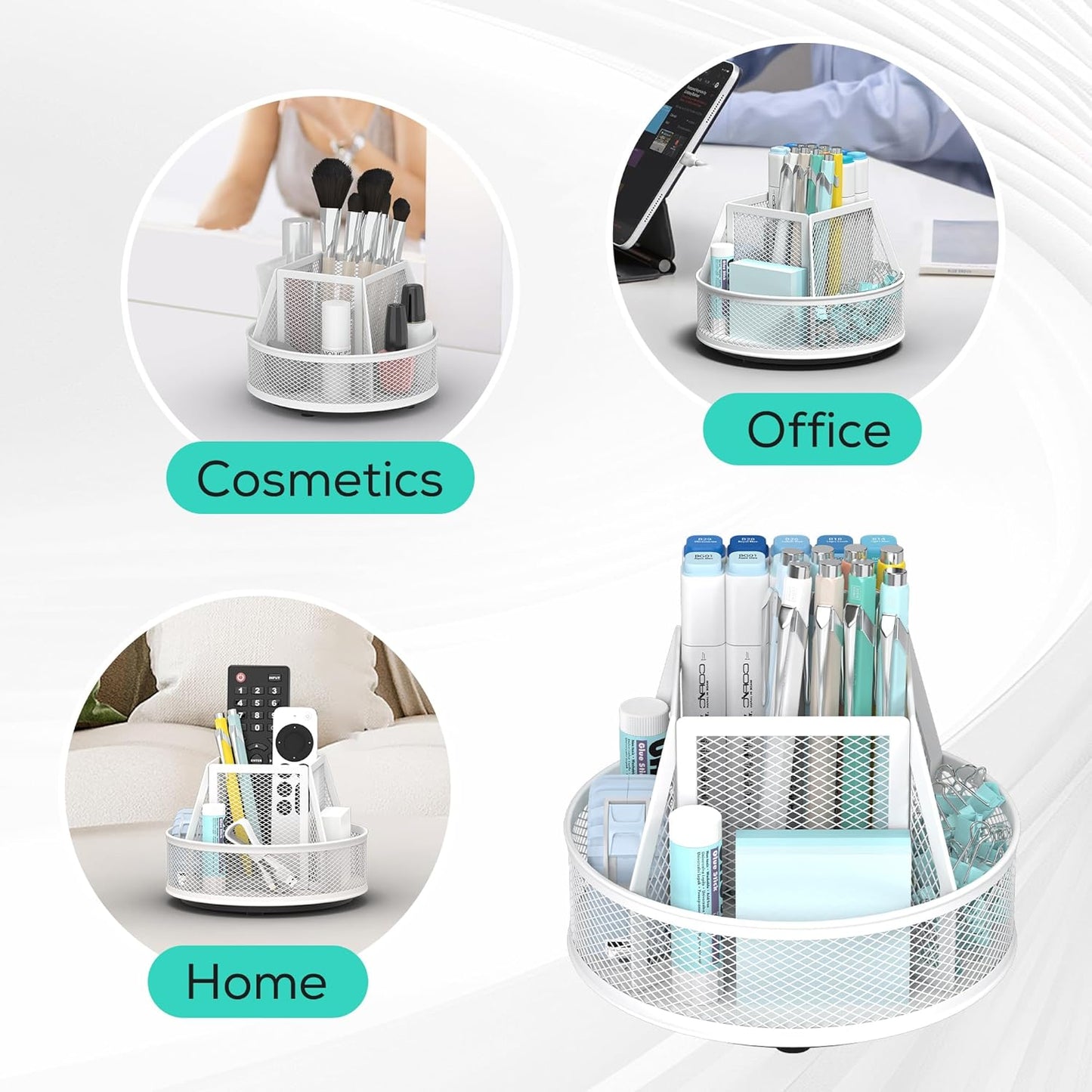 YINGHUA Metal Mesh Desk Organizer with 5 Compartments and Rotating Pencil Holder Pen and Stationery Organizer for Office Home School Anti Slip Base Blue