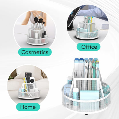 YINGHUA Metal Mesh Desk Organizer with 5 Compartments and Rotating Pencil Holder Pen and Stationery Organizer for Office Home School Anti Slip Base Blue