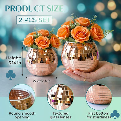 2 Pack Glass Disco Ball Makeup Brush with Smooth Grouting - Premium Mirror Mosaic Pencil Cup for Desk, Cute Pen Holder, Aesthetic Room Decor Gift (Iridiscente)