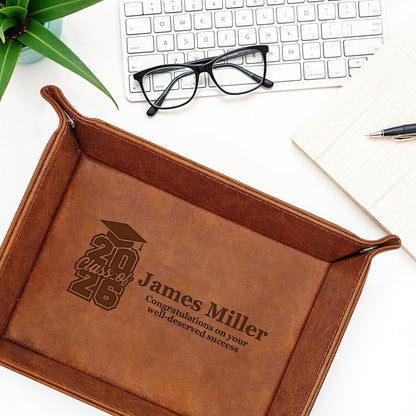Personalized Engraved Leather Tray for Men with Engraved Name, PU Leather Valet Organizer for Dad, Custom Gift for Him, Custom Catchall Tray for Desk, Office, Accessories Travel Organizer for Men