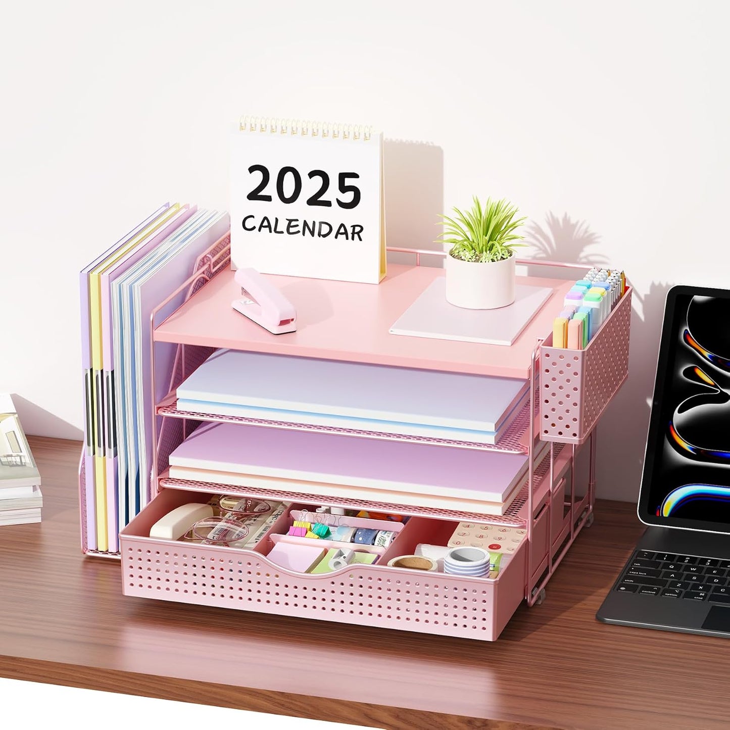 gianotter Wood Desk Organizers and Accessories with File Holder, 4-Tier Desk Accessories & Workspace Organizers with Drawer and Pen Holder, Desk Reference Organizer (Wood)