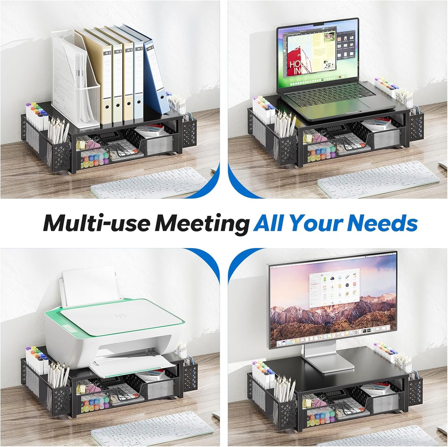 Simple Trending Desk Organizer and Accessories, Computer Metal Monitor Stand Riser with Drawer and Pen Holder for Laptop, Computer, iMac, Black