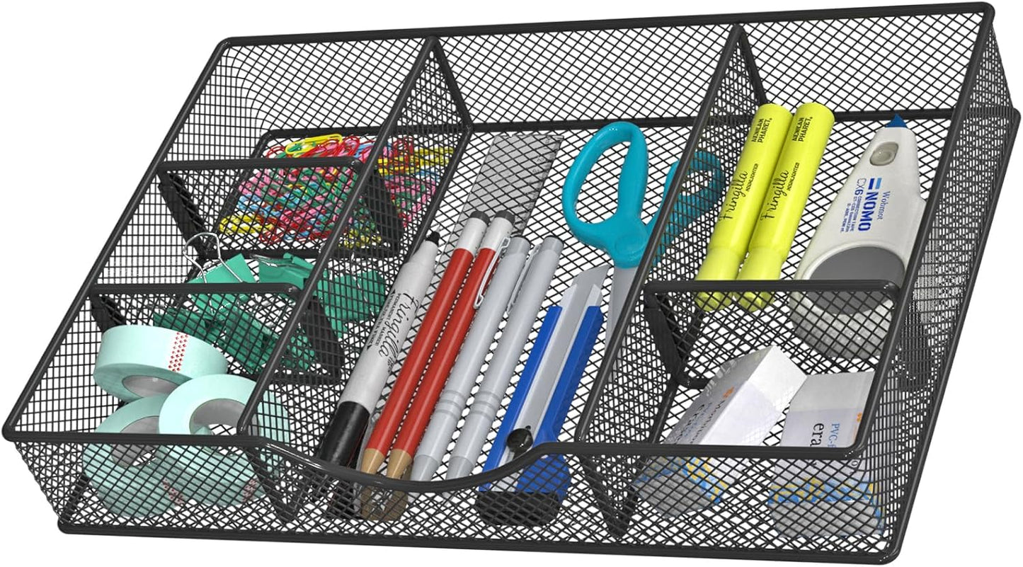 VyGrow Desk Drawer Organizer Tray, Metal Mesh Drawer Organizers Office, 6 Adjustable Compartment, Desk Organizer Tray for Home Office 12.87L x 8.73D x 1.96H inch, Black, 1PC Medium