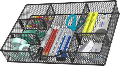 VyGrow Desk Drawer Organizer Tray, Metal Mesh Drawer Organizers Office, 6 Adjustable Compartment, Desk Organizer Tray for Home Office 12.87L x 8.73D x 1.96H inch, Black, 1PC Medium