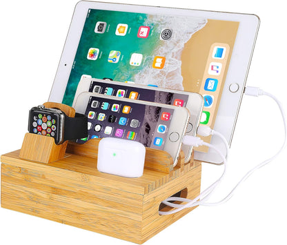 Bamboo Wood Desktop Organizer Charging Docking Station Charger Holder Cradle Charge Stand compatible with iPhone 16 15 Pro Max iPad Apple Watch Ulrta 10 9 8 7 6 5 4 iWatch AirPods Pro 2 3 4 Smartphone
