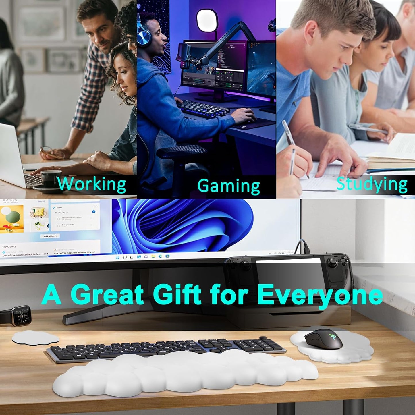 Cloud Keyboard and Mouse Wrist Rest Pad for Computer Arm Pain Relief- Ergonomic Wrist Support Mousepad with Non-Slip PU Base for Office, Gaming, and Home Use Anti-Fatigue(Black)