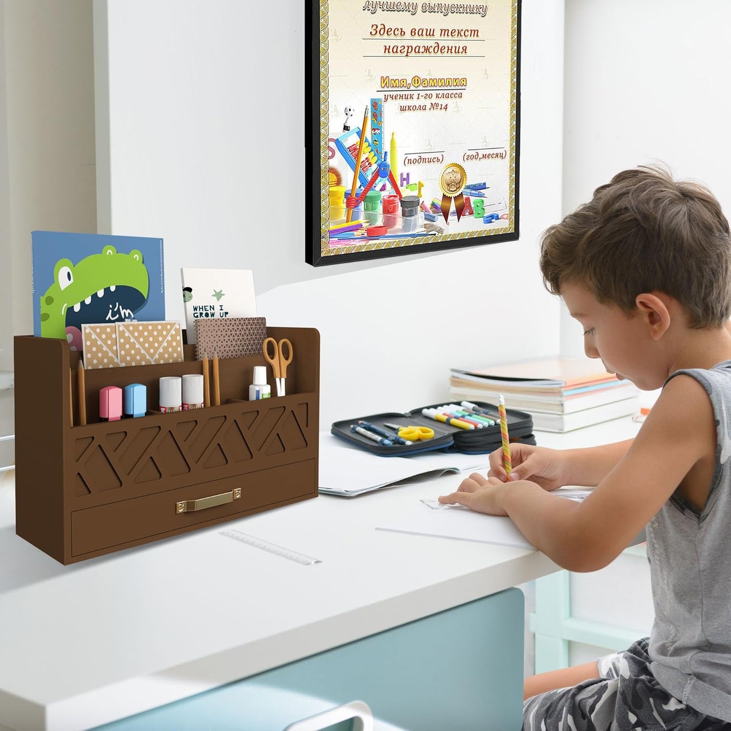 WISUCART Bamboo Desk Organizer Mail Holder Countertop Wood Desk Drawer Tabletop Storage Box Pen Holder Letter Sorter Makeup Organizer for School Home Office Supplies with Pen Holder White