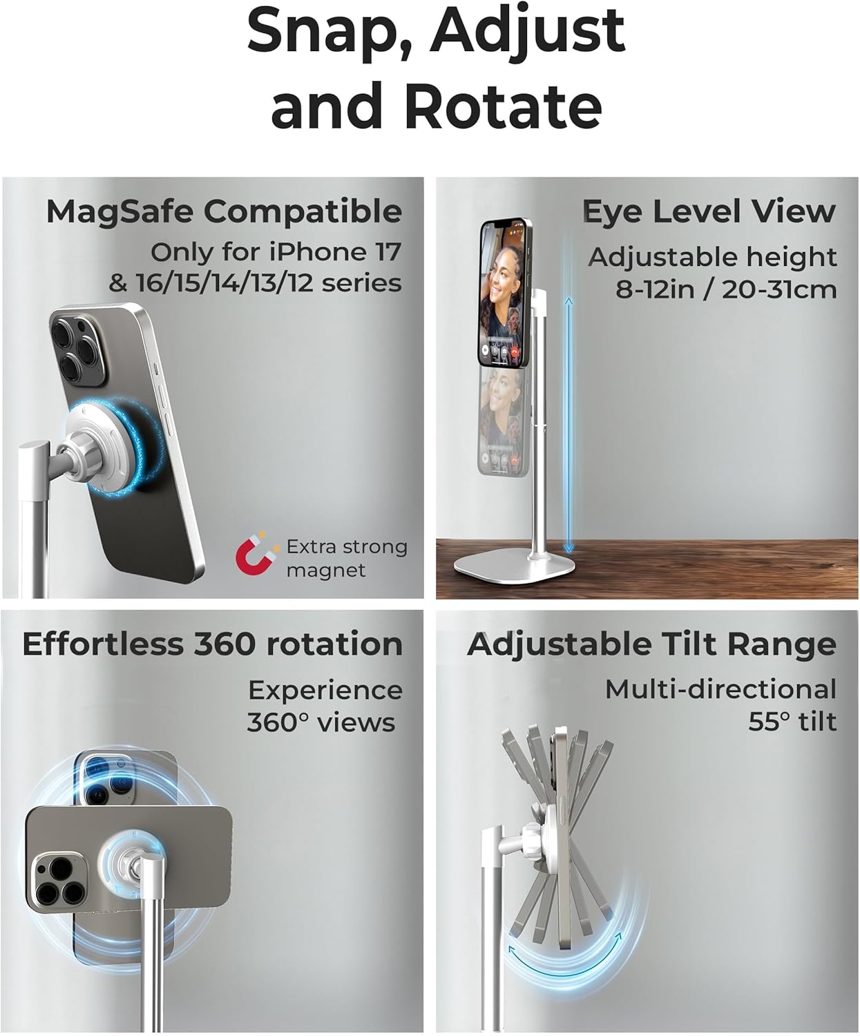 COOPER MagStand, Adjustable Magnetic iPhone Stand for Desk & Phone Holder for Video Recording, Compatible with MagSafe, Stand for iPhone 17 Pro Max, 16/15/14/13/12, Small Mag Safe Tripod (Black)