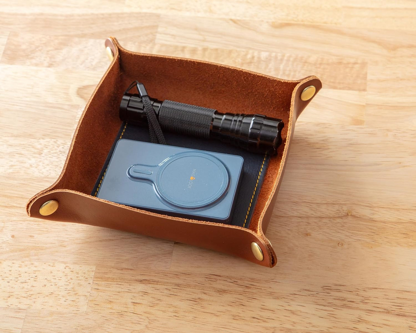 USA Handmade Premium Leather Valet Tray, Folds Flat! Dice Rolling Basket and Organizer with Brass Snaps - Reinforced Base - for Keys, Jewelry, Coin, EDC, Watch Storage Caddy - Black XLarge