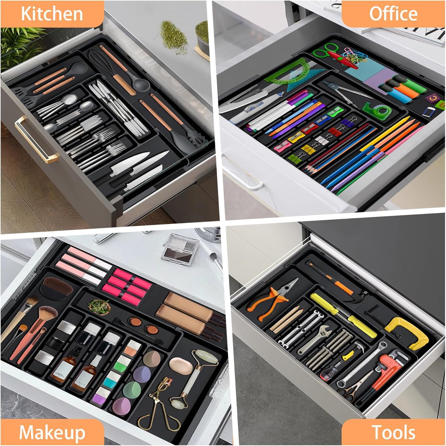 Spaclear Silverware Organizer Expandable Kitchen Utensil Drawer Organizer Large BPA Free Adjustable Cutlery Silverware Tray for Spoons Forks Knives Storage Divider for Kitchen Flatware 6-9 Slots Black