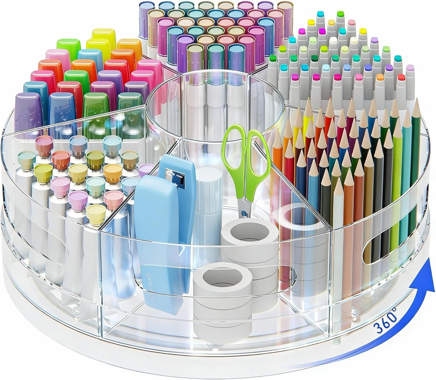 CraftGenes Rotating Desk Organizer, 360° Acrylic Pen Organizer for Desk with 7 Removable Compartments, Extra-Large Pen Holder for Office Supplies, Markers, and Art Supplies, Clear Pencil Holder