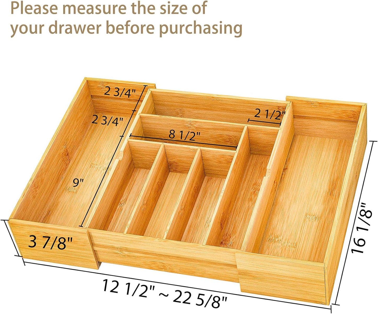BAMEOS drawer organizer flatware organizer cutlery tray silverware organizer expandable adjustable bamboo drawer organizer kitchen bathroom