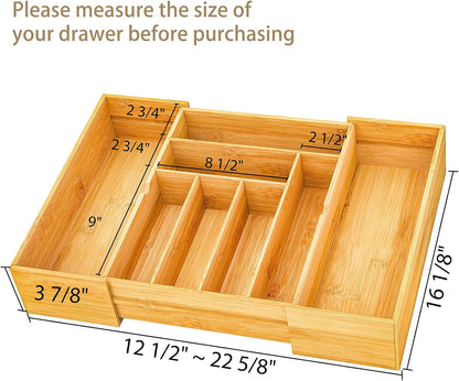 BAMEOS drawer organizer flatware organizer cutlery tray silverware organizer expandable adjustable bamboo drawer organizer kitchen bathroom