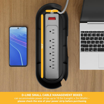 D-Line Cable Management Box, Power Strip Holder, Floor Outlet Hider, Desk Cord Organizer, Cover TV Wires, 12.75" (L) x 5" (W) x 4.5" (H), for use with Power Strips up to 10.5in Length - Small, White