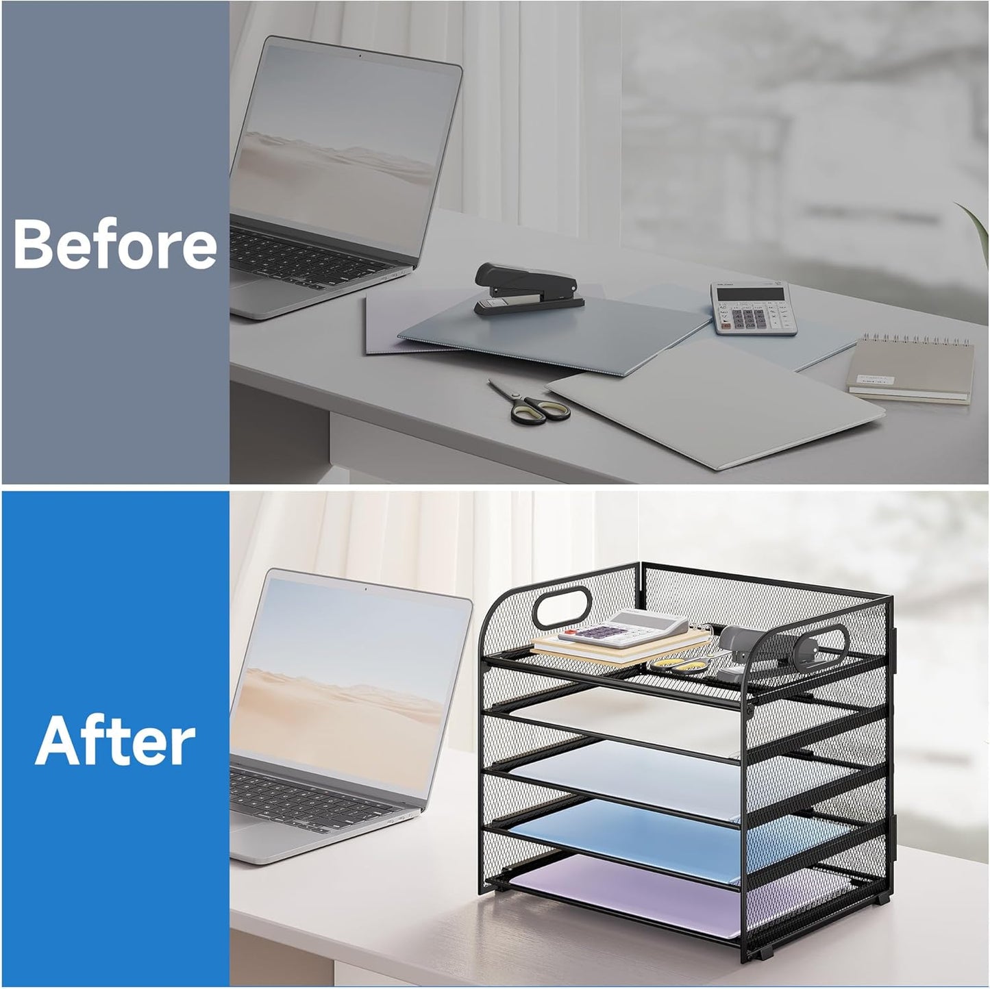 Paper Organizer Letter Tray with Handle, 5-Tier Black Stackable Desk Organizer with Metal Mesh, Sturdy Paper Tray for Office Desk, Home & Classroom Supplies Storage