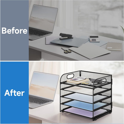 Paper Organizer Letter Tray with Handle, 5-Tier Black Stackable Desk Organizer with Metal Mesh, Sturdy Paper Tray for Office Desk, Home & Classroom Supplies Storage