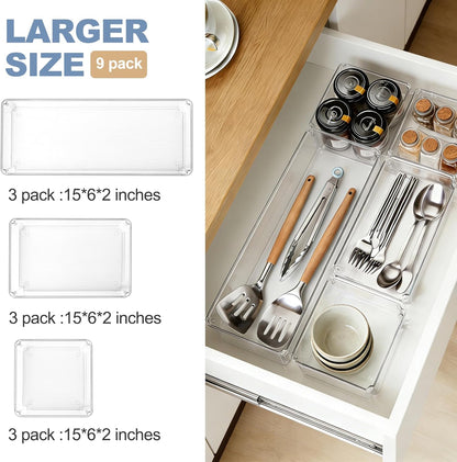 9 PCS Clear Plastic Drawer Organizer Sets, 3 Sizes Vanity Organizer Trays Stackable Storage Bins for Kitchen, Cabinet, Bathroom, Office, Laundry Room Organizing
