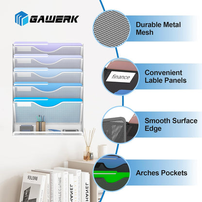 Gawerk 5 Tier Hanging Wall File Organizer, Mesh Mail Paper Orgnization Hanging File Folder Holder for Home Office, Black