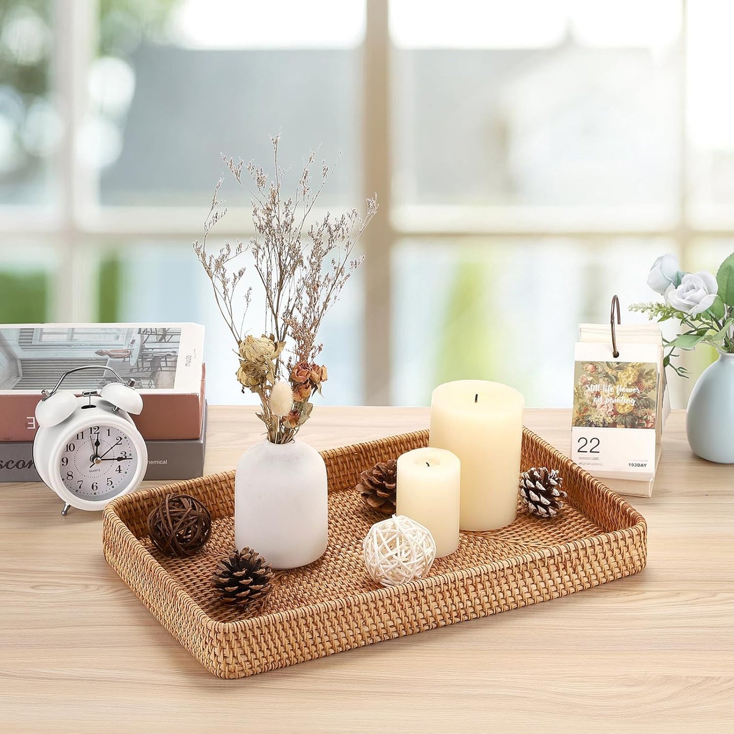 Hipiwe Key Basket Tray for Entryway Table Rattan Serving Tray Handwoven Wicker Baskets Vanity Trays Square Decorative Fruit Trays for Kitchen Counter Bedside Living Room Bathroom, 8.1"