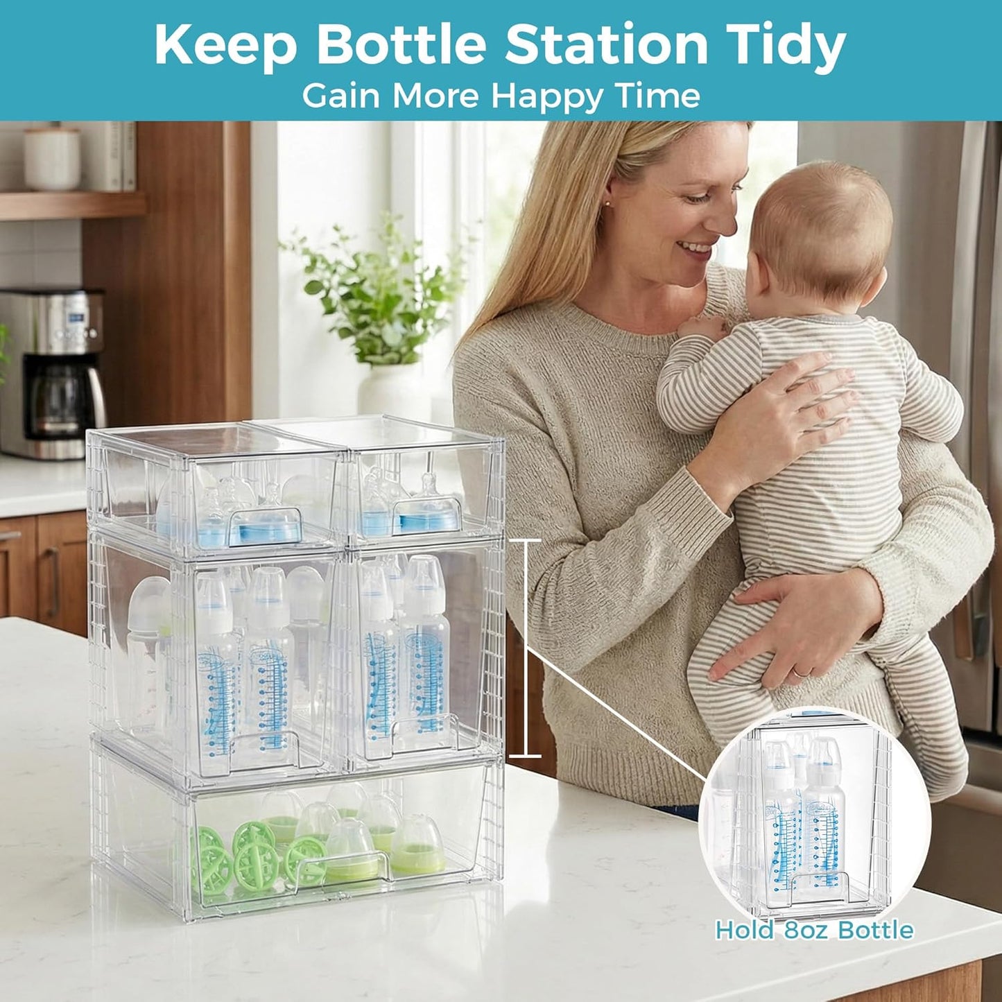 Vtopmart 4 Pack Clear Stackable Storage Drawers,Under Sink and Kitchen Organizers Storage,Easy to Assemble Plastic Drawers for Baby Bottle,Medicine, Bathroom,Cabinet and Pantry Organization