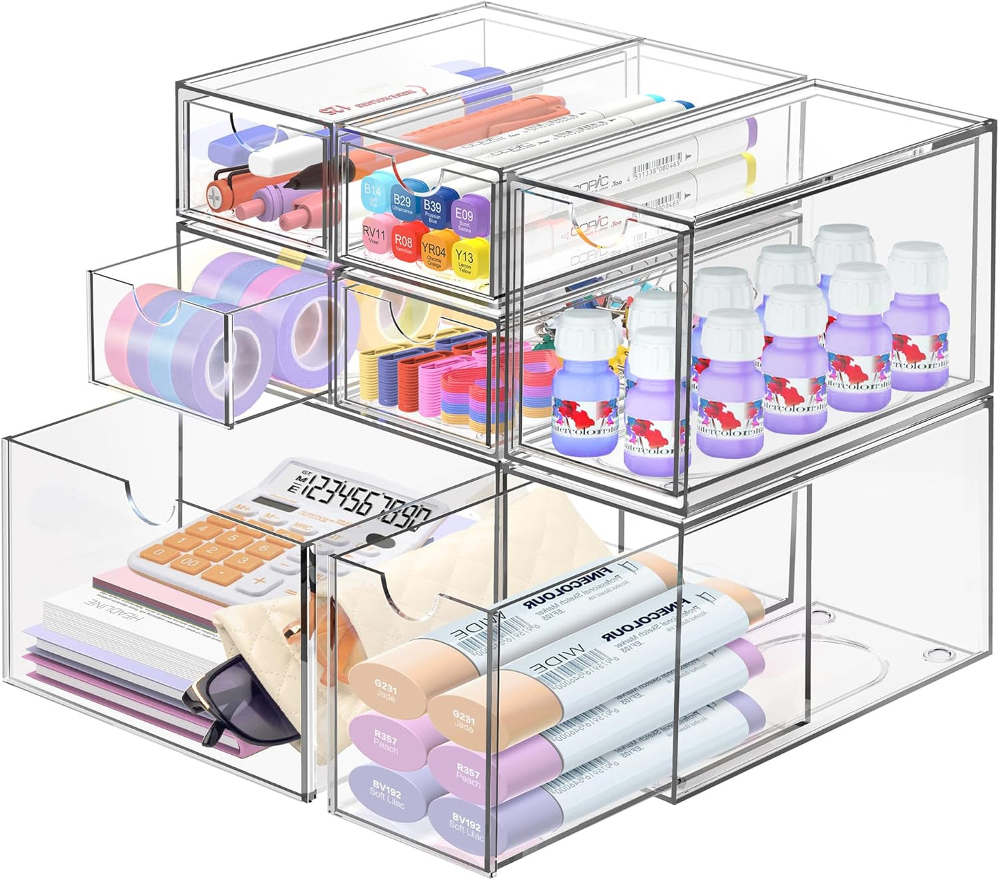 Desk Organizer with 14 Drawers, FODIENS 14 Packs Acrylic Stackable Desktop Storage Drawer Makeup Organizer, Clear Craft Storage Box Cabinets for Office Vanity Countertop Bathroom Bedroom