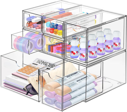 Desk Organizer with 14 Drawers, FODIENS 14 Packs Acrylic Stackable Desktop Storage Drawer Makeup Organizer, Clear Craft Storage Box Cabinets for Office Vanity Countertop Bathroom Bedroom